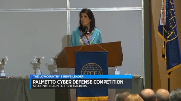 South Carolina Governor Nikki Haley speaks to students at the Palmetto Cyber Defense Competition in April.